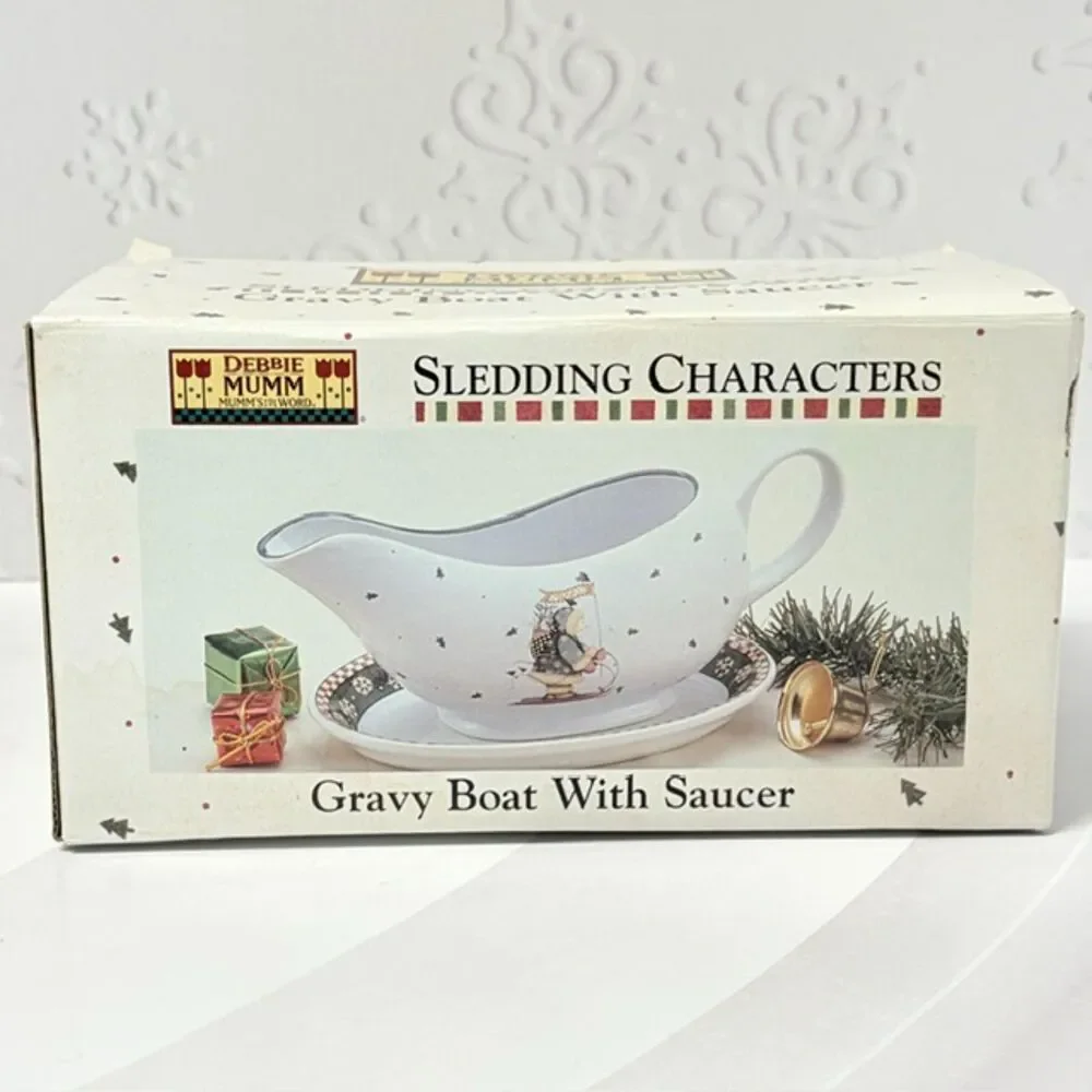 Sakura Debbie Mumm Sledding Characters Gravy Boat Saucer Christmas Box